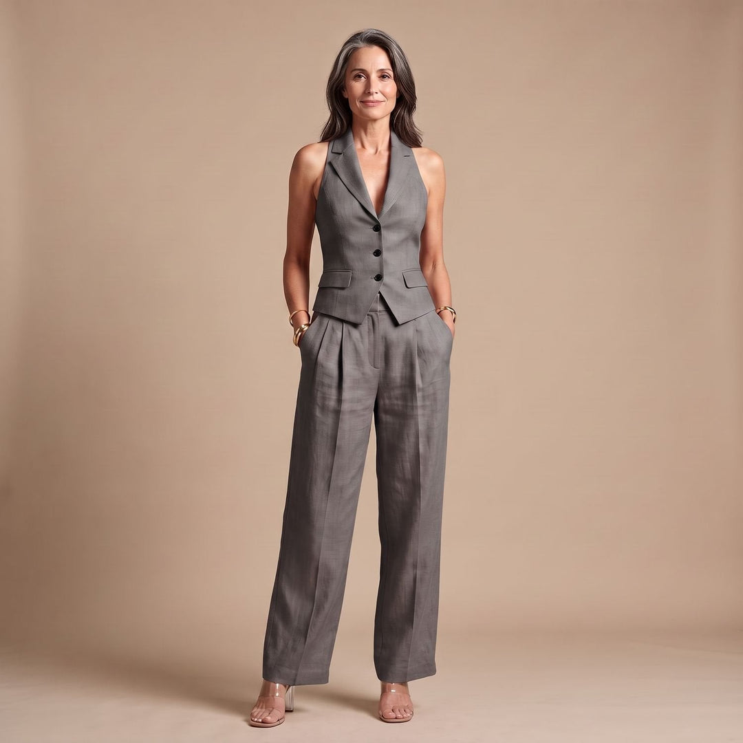 Aelinova | Women's Matching Linen Two Piece Vest & Wide Leg Pants Set — Grey