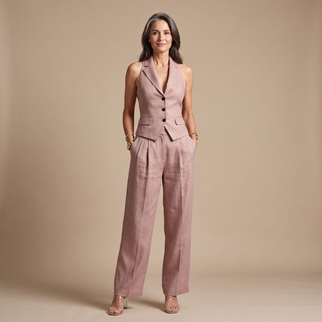 Aelinova | Women's Matching Linen Two Piece Vest & Wide Leg Pants Set — Pink