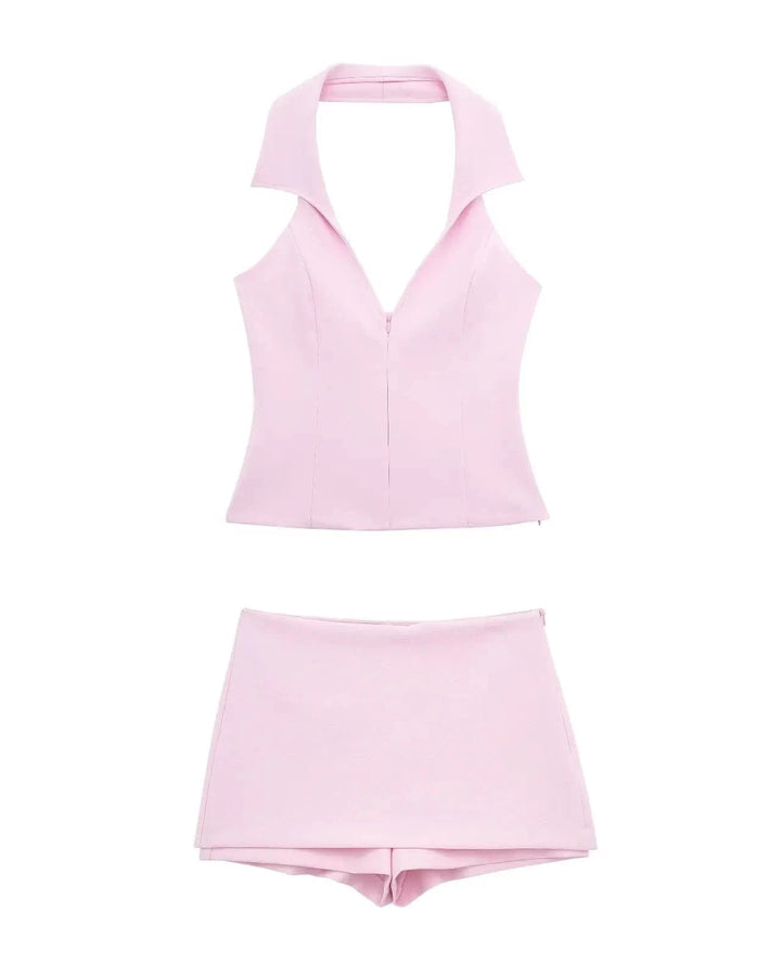 Aelireth | V-Neck Backless Top & Skirt Shorts Two-Piece Set