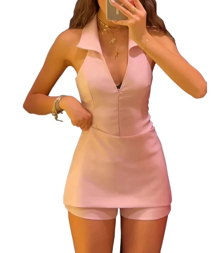 Aelireth | V-Neck Backless Top & Skirt Shorts Two-Piece Set