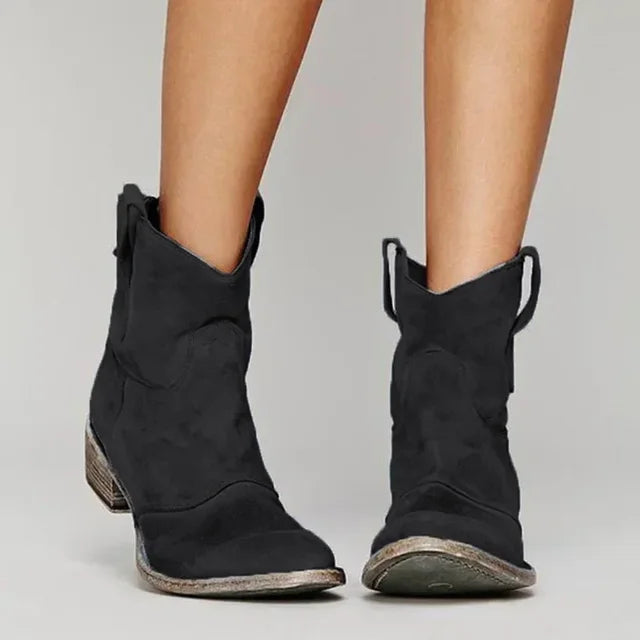 Annabel | Women's Western Style Knee-High Vintage Western Ankle Boots — Black
