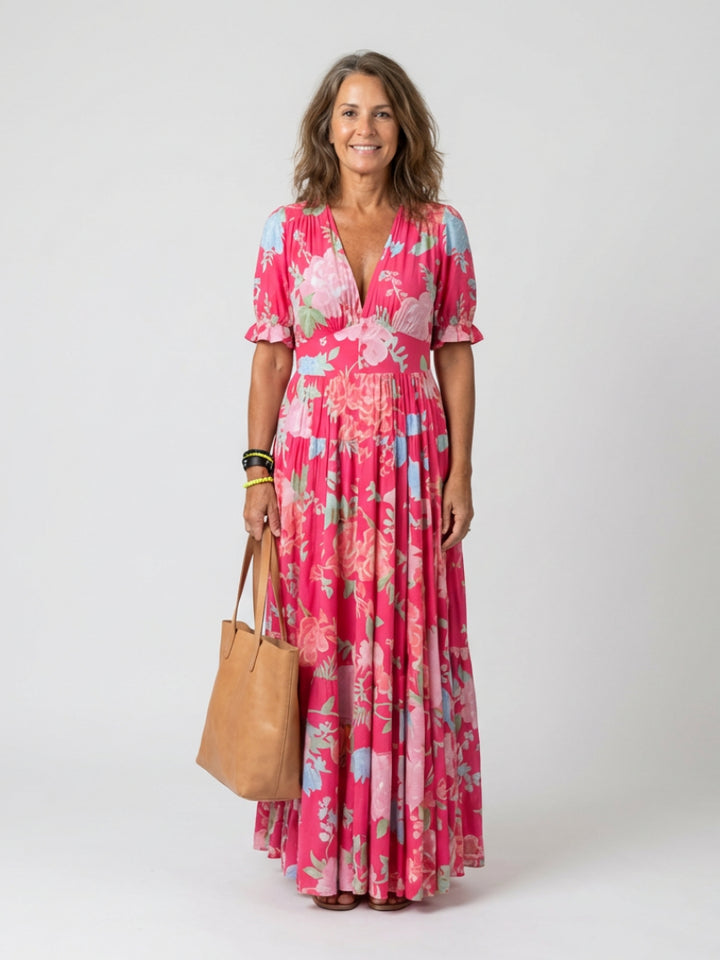 Anneliese | Women's Denim High-Waist V-Neck Short Sleeve — Pink