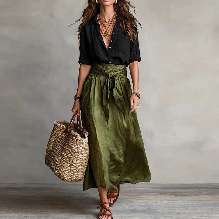Ariaine | Women's Two-Piece Matching Button-Down Two Piece Set — Black Green