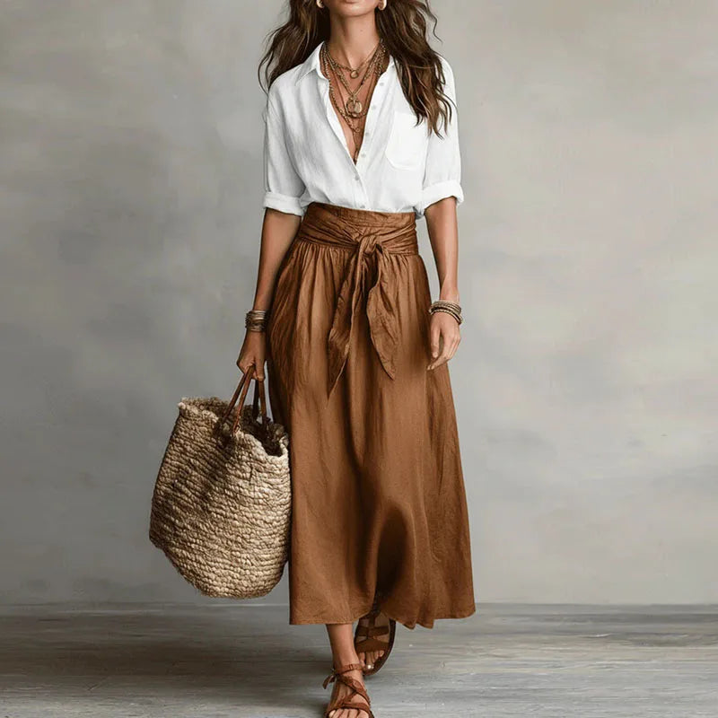 Ariaine | Women's Two-Piece Matching Button-Down Two Piece Set — White Brown