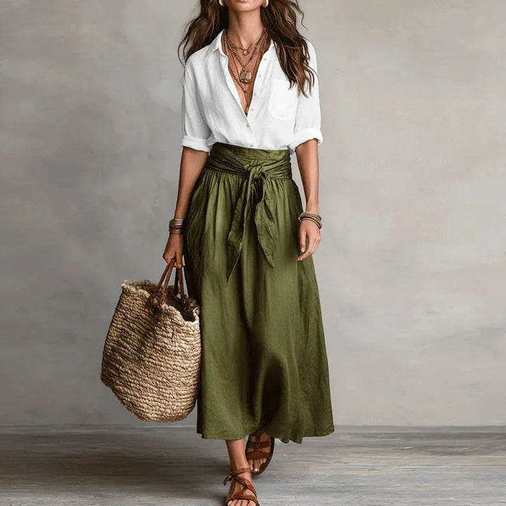 Ariaine | Women's Two-Piece Matching Button-Down Two Piece Set — White Green