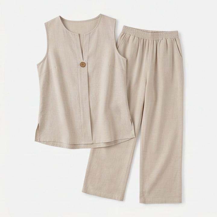 Averbelle | Women's Sleeveless Linen Co-Ord Set with Wide-Leg Pants — Beige