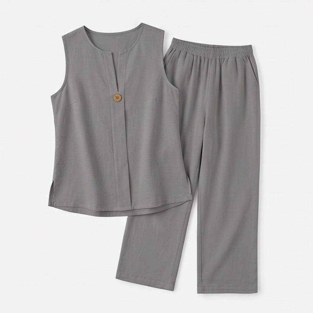 Averbelle | Women's Sleeveless Linen Co-Ord Set with Wide-Leg Pants — Grey