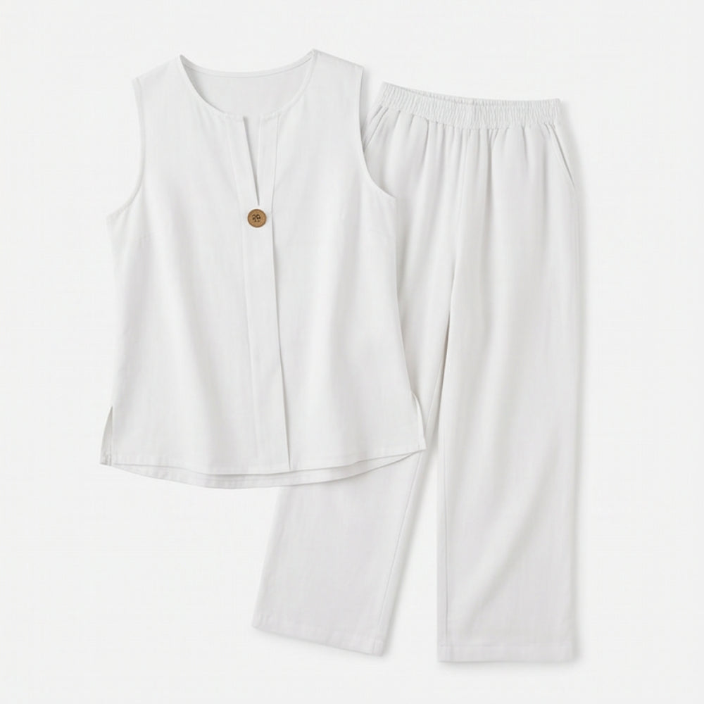 Averbelle | Women's Sleeveless Linen Co-Ord Set with Wide-Leg Pants — White