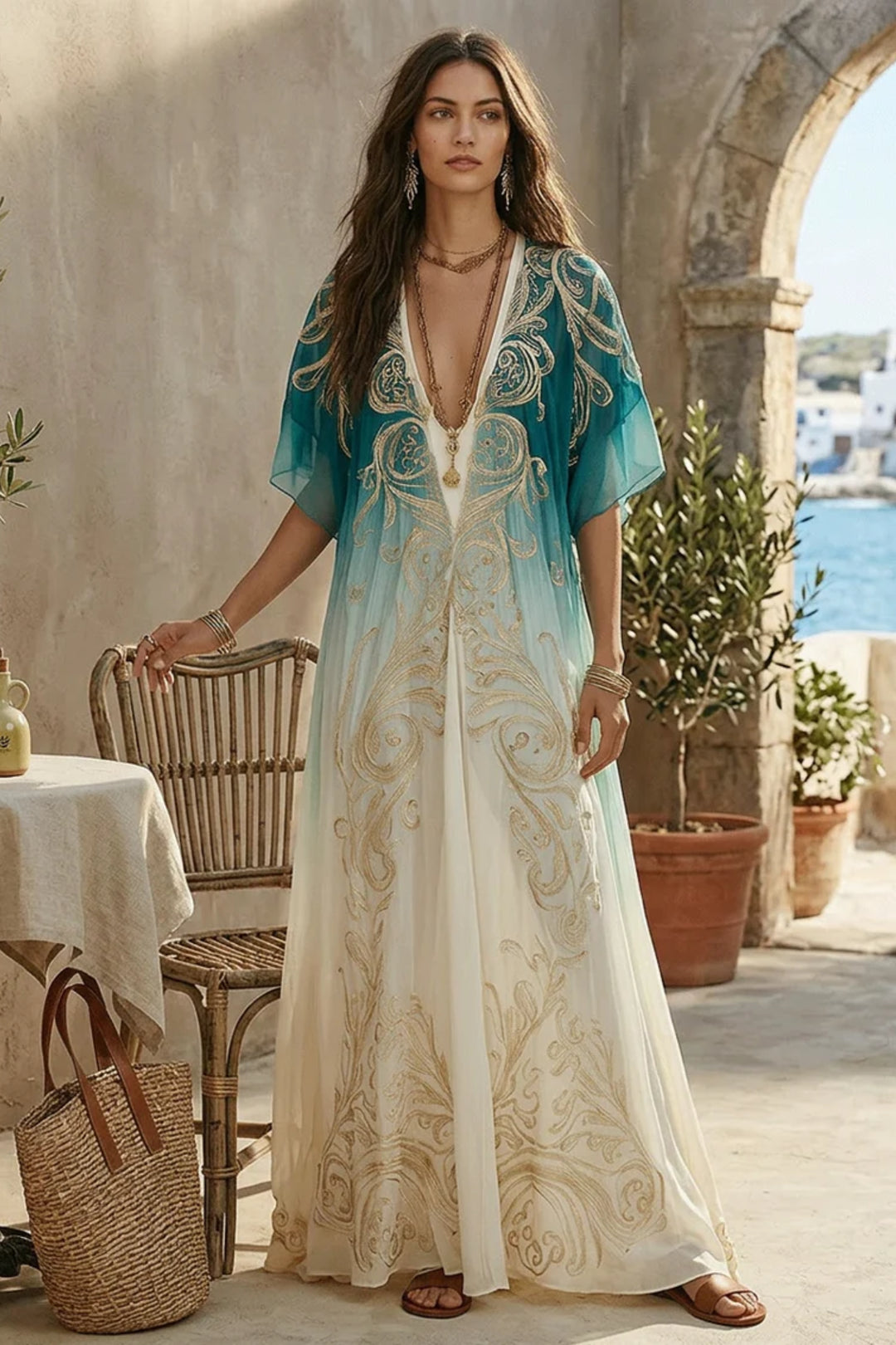 Avernova | Women's Elegant Ombre Kaftan Maxi Dress — Blue