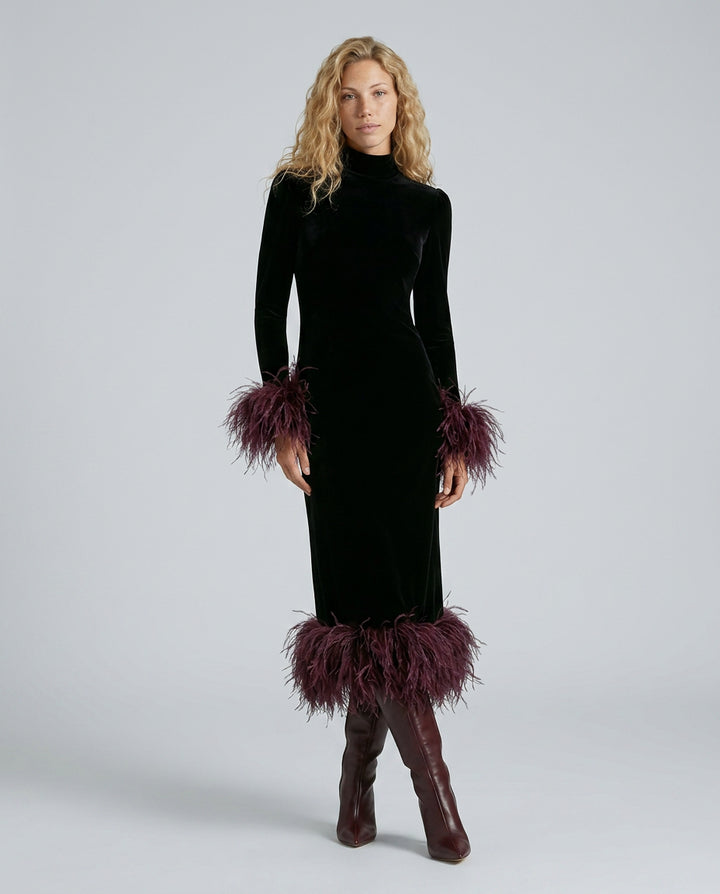 Bernadette | Women's Wedding Guest Elegant Velvet Maxi Dress with Feather Trim Dresses — Black
