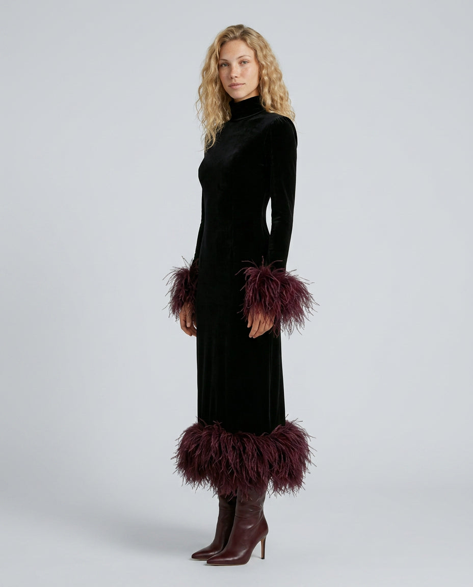 Bernadette | Women's Wedding Guest Elegant Velvet Maxi Dress with Feather Trim Dresses — 2