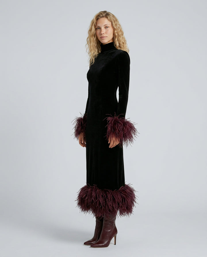 Bernadette | Women's Wedding Guest Elegant Velvet Maxi Dress with Feather Trim Dresses — 2