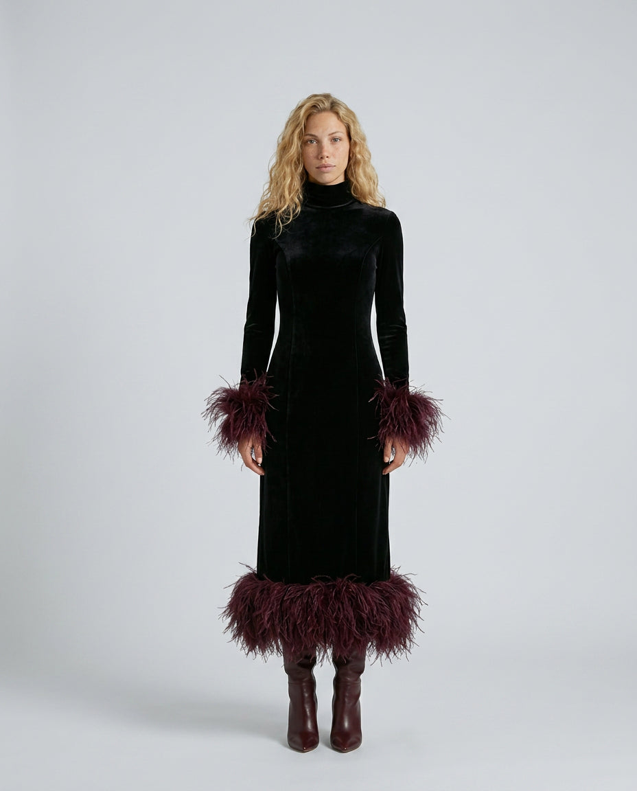 Bernadette | Women's Wedding Guest Elegant Velvet Maxi Dress with Feather Trim Dresses — 3