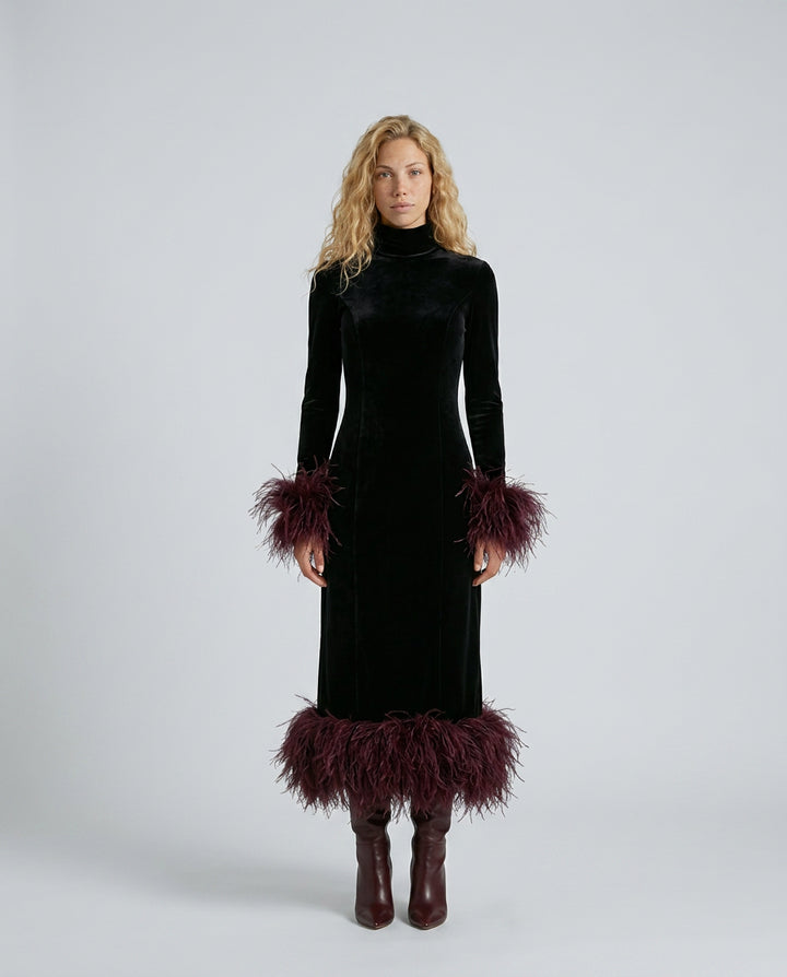 Bernadette | Women's Wedding Guest Elegant Velvet Maxi Dress with Feather Trim Dresses — 3