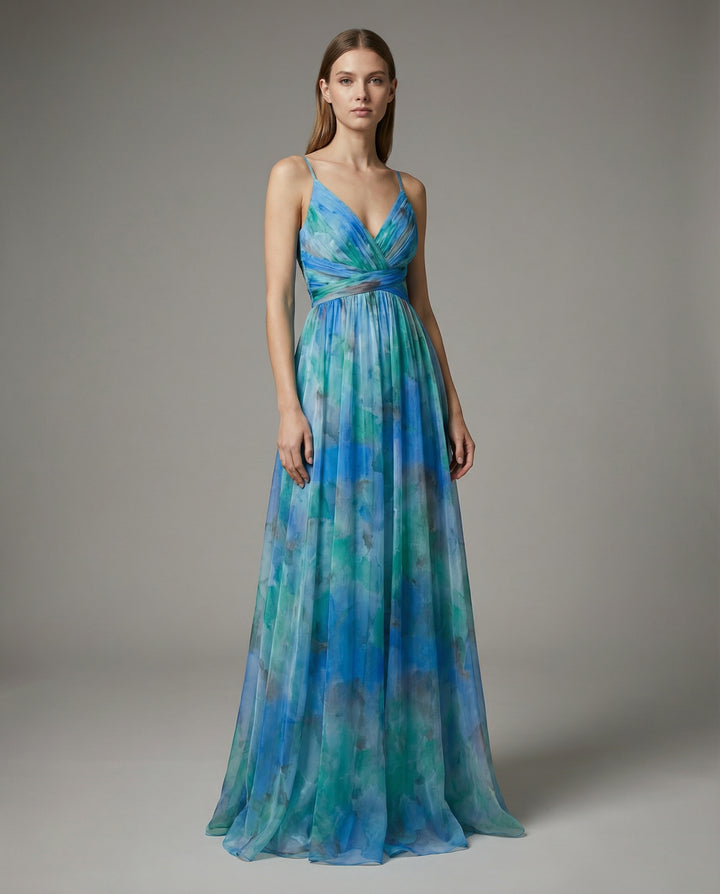 Bexleyine | Women's Elegant Chiffon Floral Maxi Dress — Blue