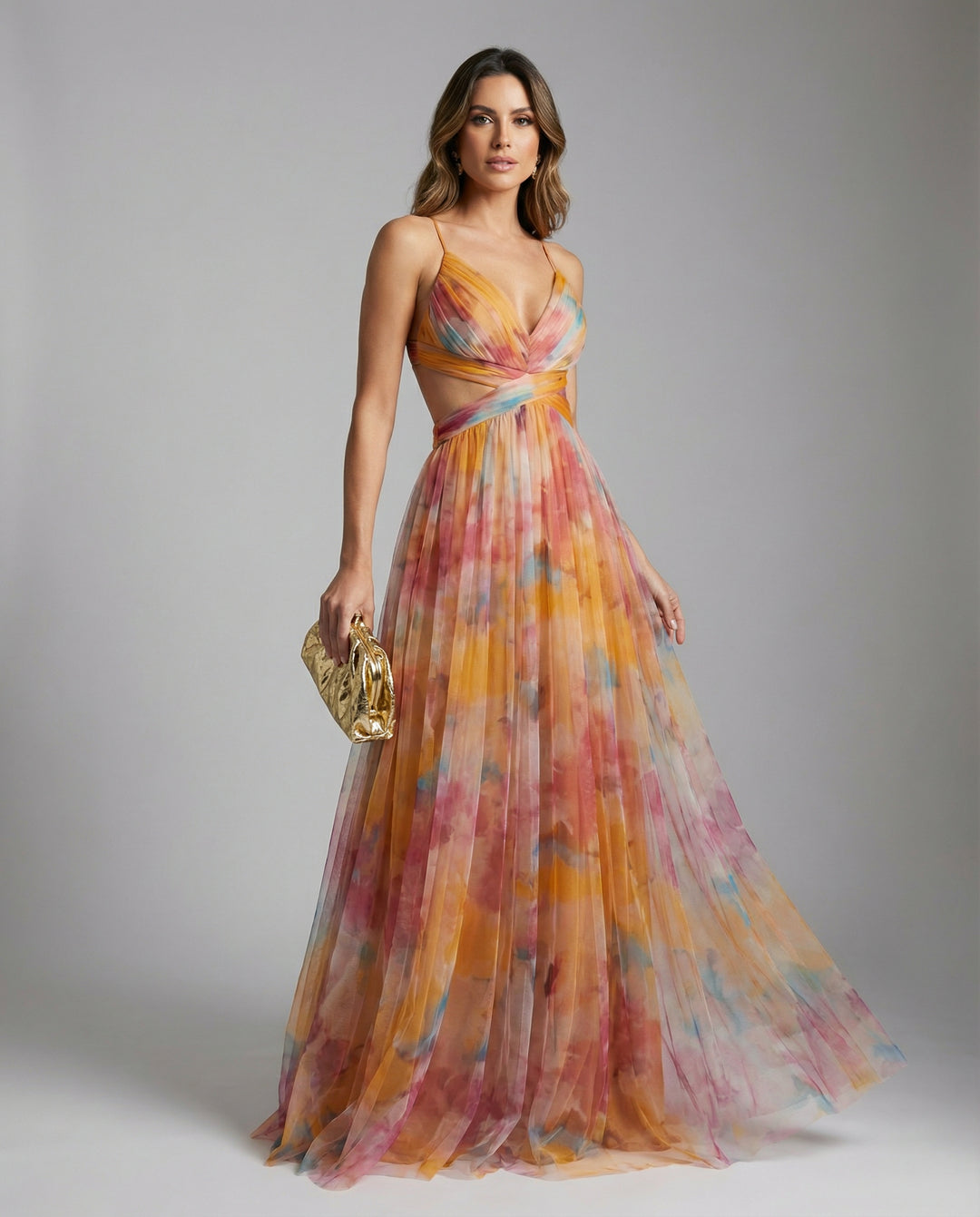 Bexleyine | Women's Elegant Chiffon Floral Maxi Dress — Orange