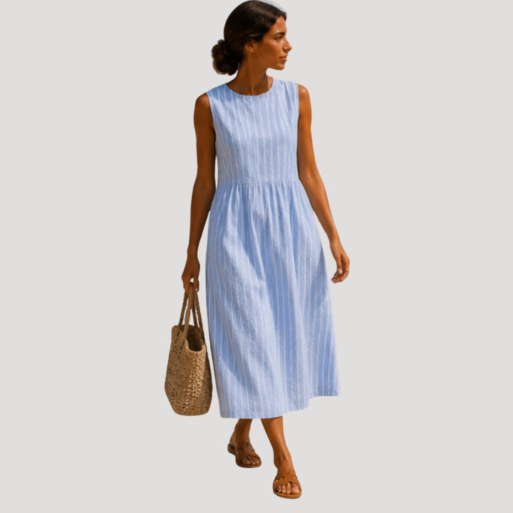 Bexleyora | Women's Elegant Blue Linen Dress Midi Sleeveless Striped A Line Casual — 4XL