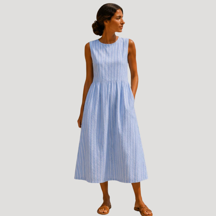Bexleyora | Women's Elegant Blue Linen Dress Midi Sleeveless Striped A Line Casual — 2