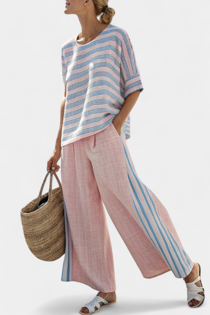 Bexleyvanne | Women's Wide-Leg Elegant Pink-Blue Linen Blouse & Soft Pants — 1