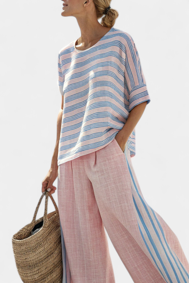 Bexleyvanne | Women's Wide-Leg Elegant Pink-Blue Linen Blouse & Soft Pants — 2