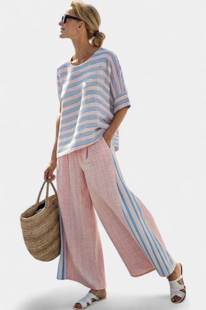 Bexleyvanne | Women's Wide-Leg Elegant Pink-Blue Linen Blouse & Soft Pants — Multi Colored Stripes