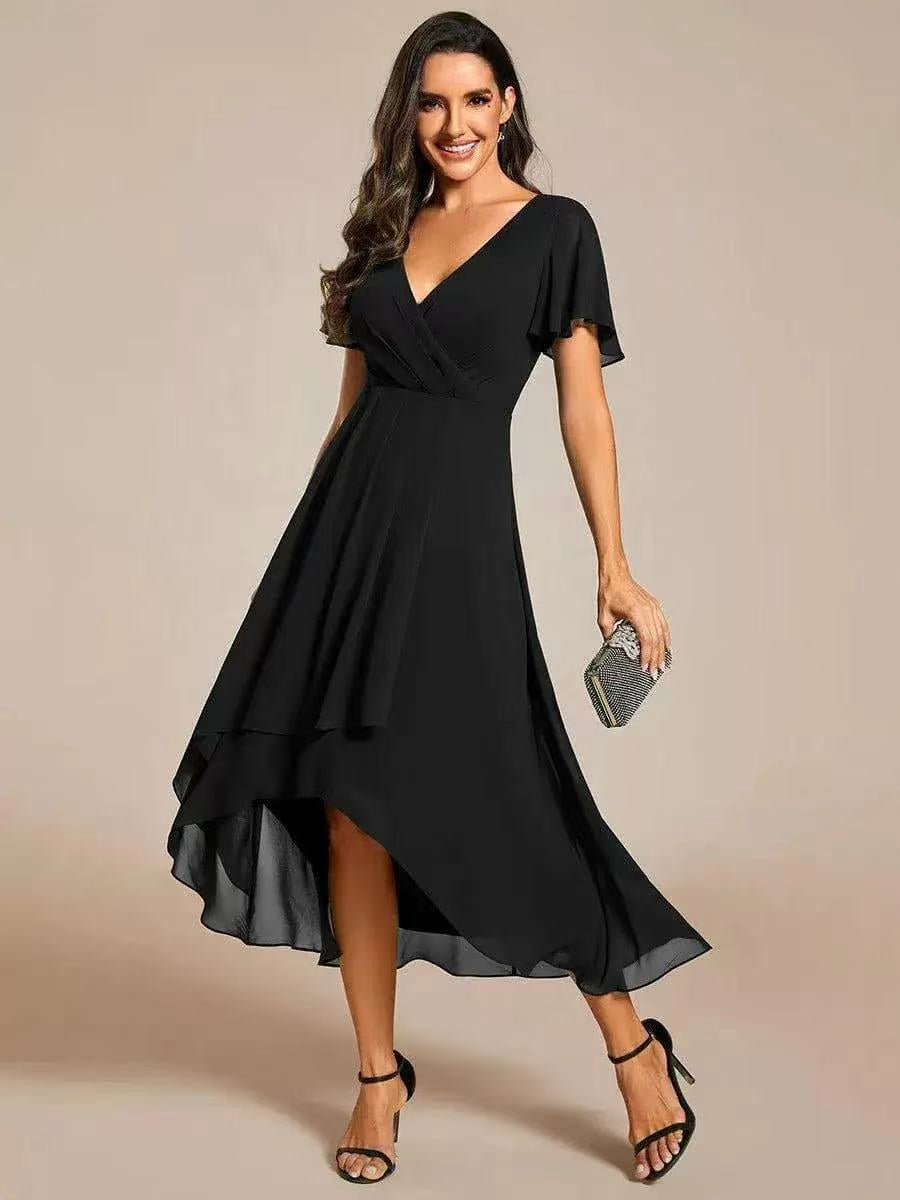 Brevanne | Women's Elegant Midi Dress with Lace Detail — Black