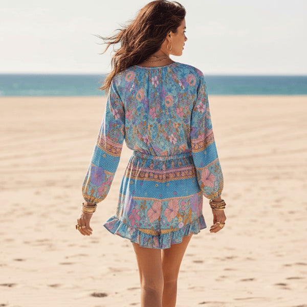 Brielise | Women's Wide-Leg Elegant Blue Wildflower Floral Romper with Long Sleeves Jumpsuit — 2
