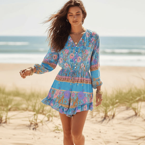 Brielise | Women's Wide-Leg Elegant Blue Wildflower Floral Romper with Long Sleeves Jumpsuit — Light Blue