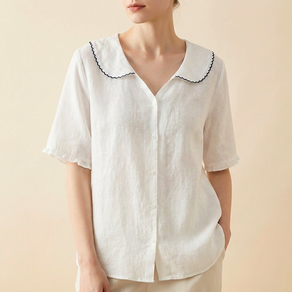 Brieora | Scalloped Collar Cotton Linen Blouse