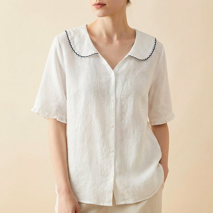 Brieora | Scalloped Collar Cotton Linen Blouse