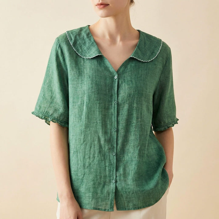 Brieora | Scalloped Collar Cotton Linen Blouse