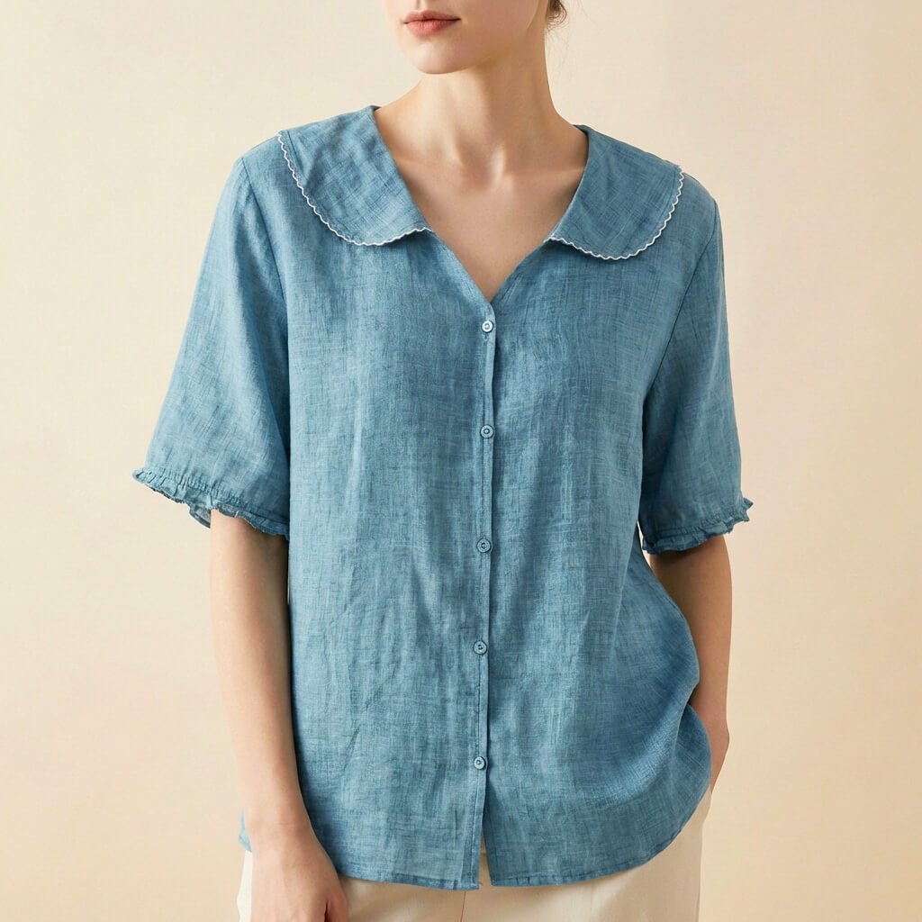 Brieora | Scalloped Collar Cotton Linen Blouse