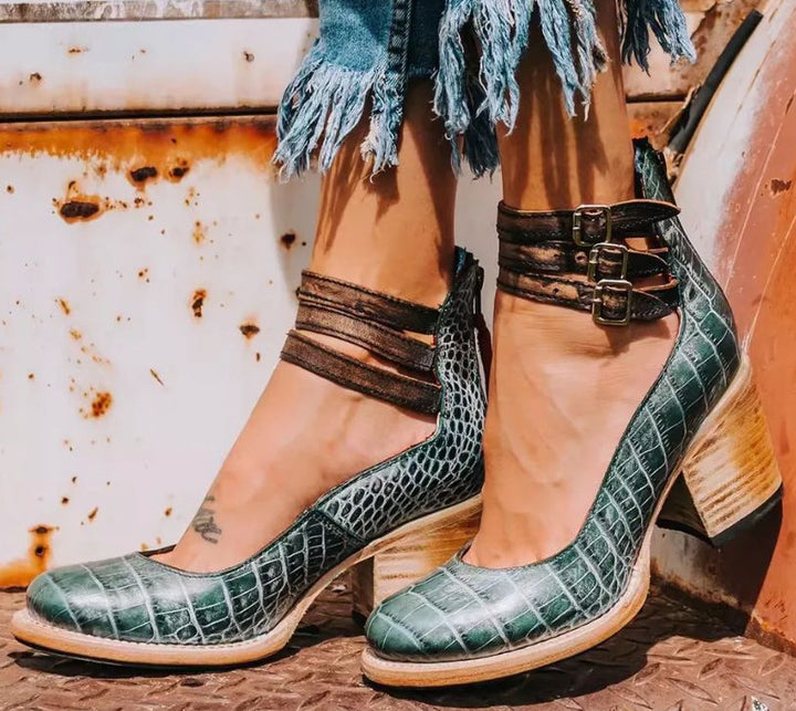Briessa | Women's Comfortable Block Heel Sandals | Open-Toe Comfort Heels for — Green snake