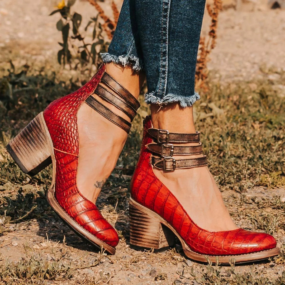 Briessa | Women's Comfortable Block Heel Sandals | Open-Toe Comfort Heels for — Red snake