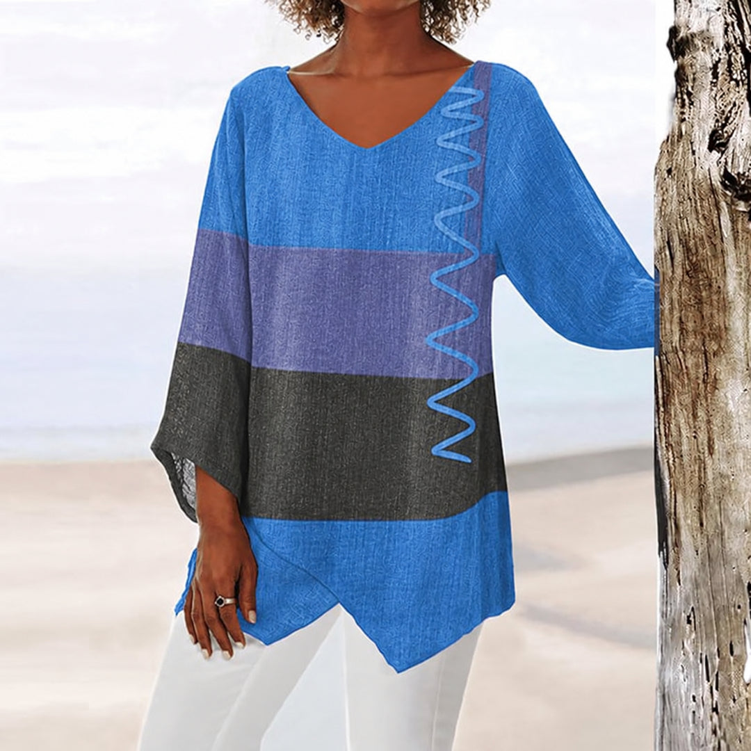 Briestine | Women's Relaxed Casual Colour-Block Blouse V-Neck Asymmetric Hem — Blue