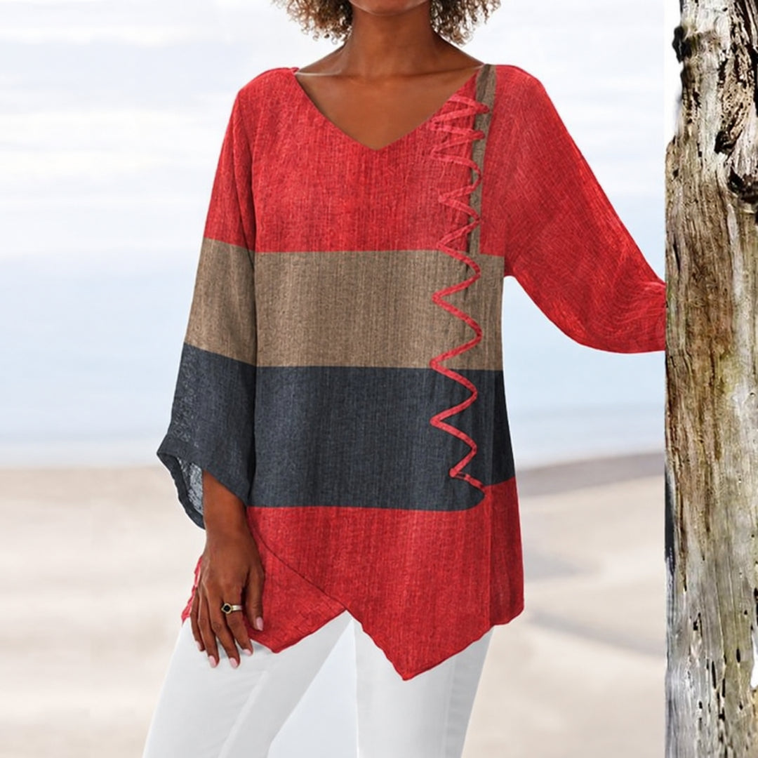 Briestine | Women's Relaxed Casual Colour-Block Blouse V-Neck Asymmetric Hem — 1