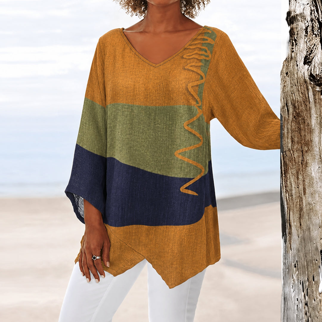 Briestine | Women's Relaxed Casual Colour-Block Blouse V-Neck Asymmetric Hem — 2