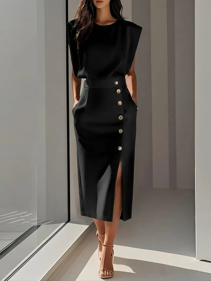 Brioura | Women's Elegant Midi Dress with Side Slit — Black