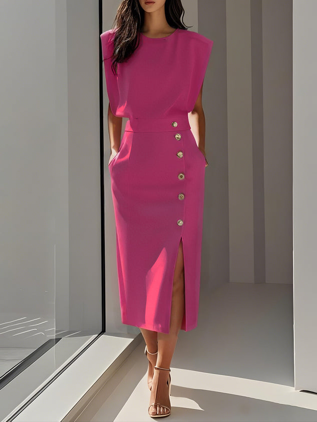 Brioura | Women's Elegant Midi Dress with Side Slit — Bright Pink