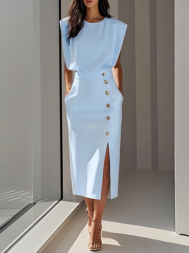 Brioura | Women's Elegant Midi Dress with Side Slit — Light Blue