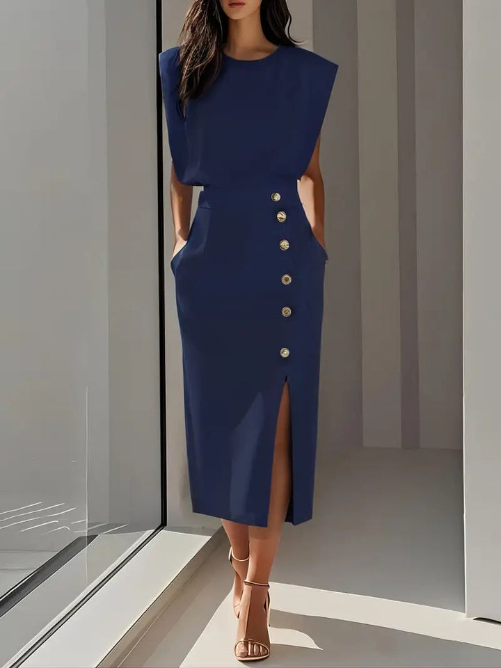 Brioura | Women's Elegant Midi Dress with Side Slit — Navy Blue
