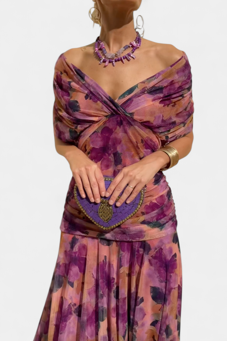 Caelisse | Women's Elegant Off-The-Shoulder Ruched Floral Maxi Dress with Sweetheart Neckline — Purple