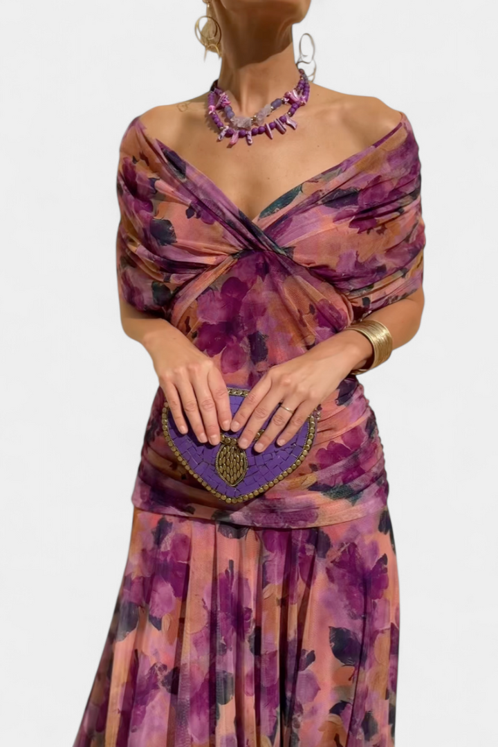 Caelisse | Women's Elegant Off-The-Shoulder Ruched Floral Maxi Dress with Sweetheart Neckline — Purple