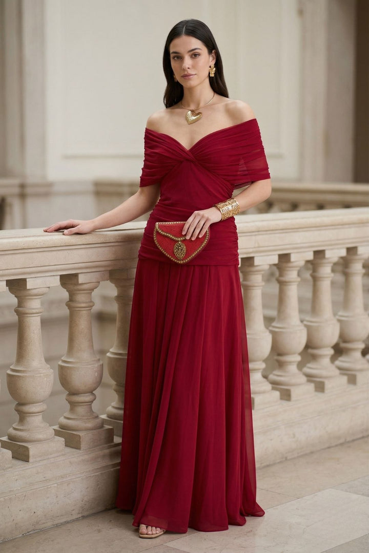 Caelisse | Women's Elegant Off-The-Shoulder Ruched Floral Maxi Dress with Sweetheart Neckline — Red