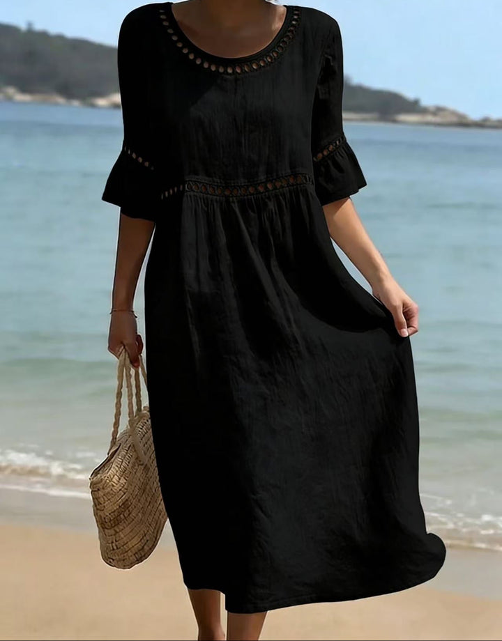 Caellyn | Women's Elegant Relaxed Linen Midi Dress with Hollow Out Detail and Flared Sleeves — Black