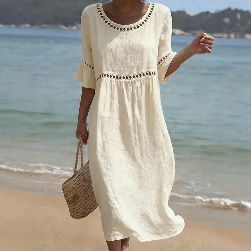 Caellyn | Women's Elegant Relaxed Linen Midi Dress with Hollow Out Detail and Flared Sleeves — 1