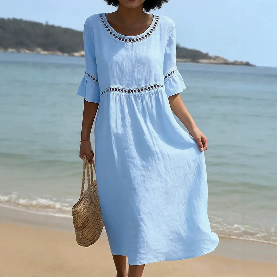 Caellyn | Women's Elegant Relaxed Linen Midi Dress with Hollow Out Detail and Flared Sleeves — 2