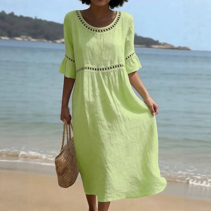 Caellyn | Women's Elegant Relaxed Linen Midi Dress with Hollow Out Detail and Flared Sleeves — Green