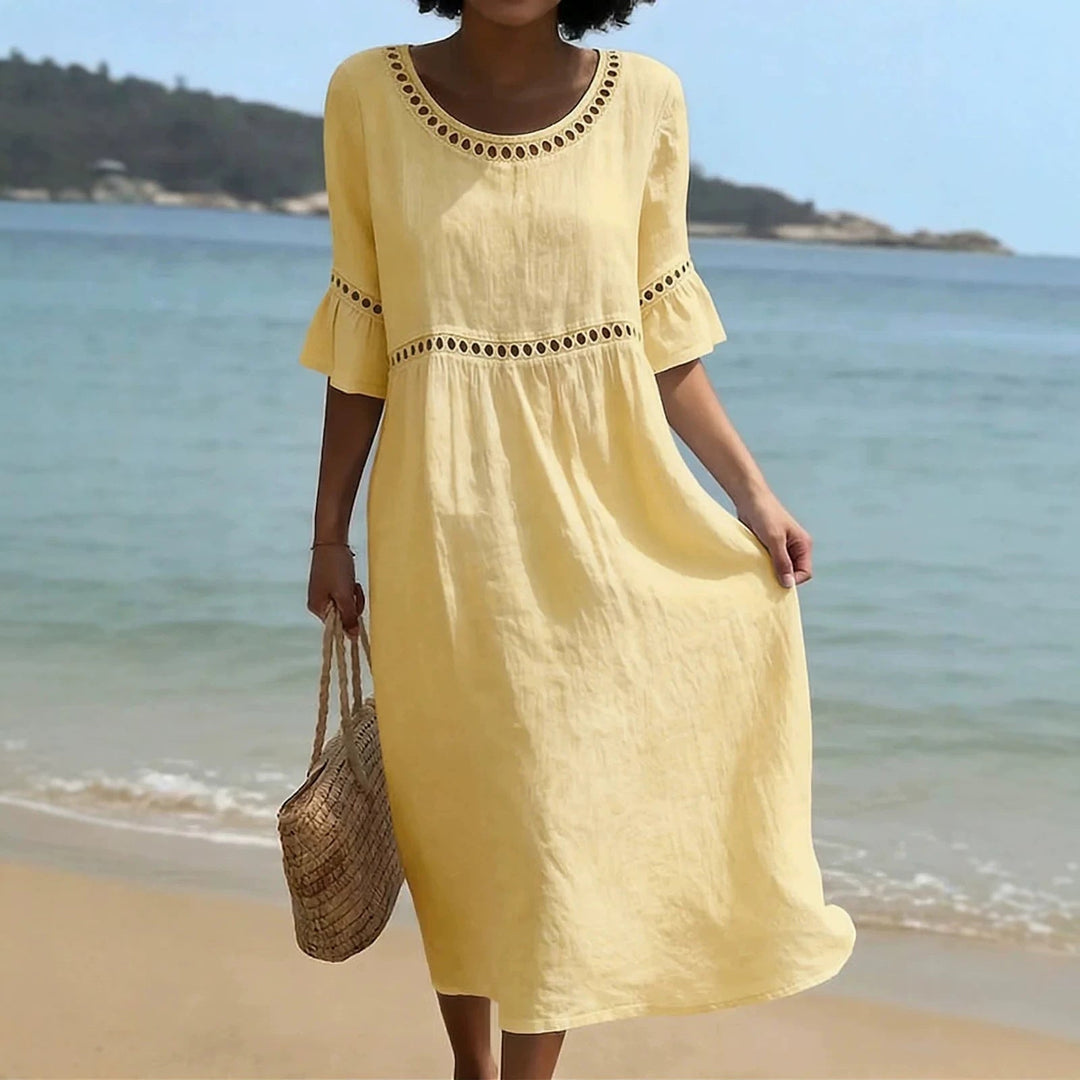 Caellyn | Women's Elegant Relaxed Linen Midi Dress with Hollow Out Detail and Flared Sleeves — Yellow