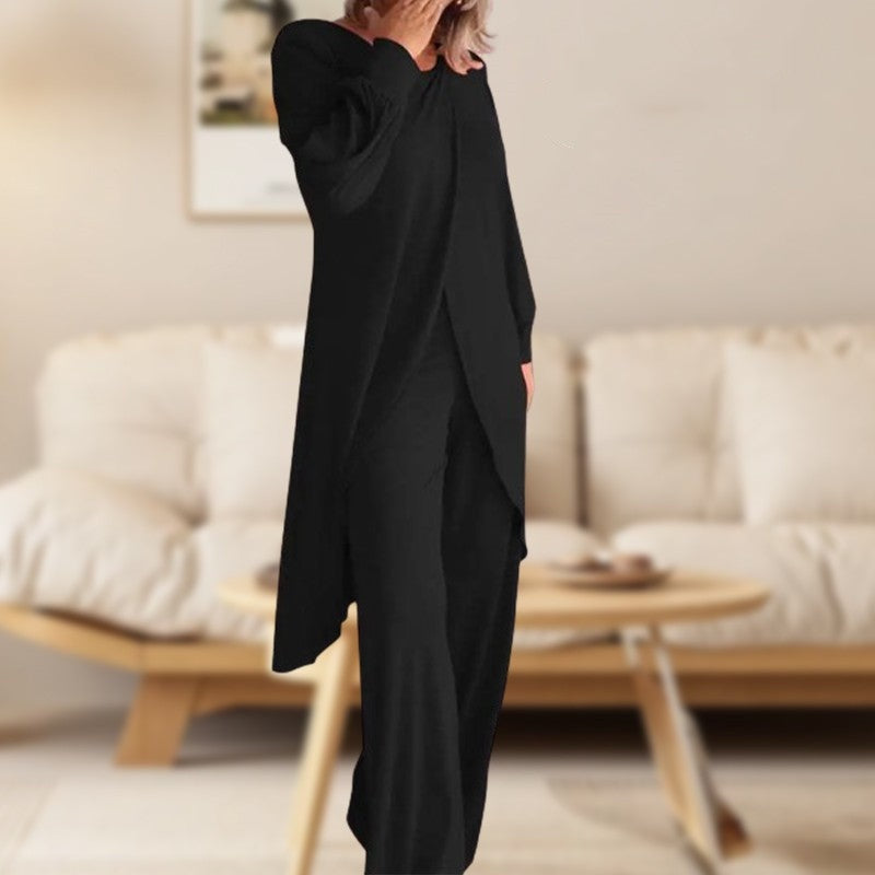 Caelsia | Women's Two-Piece Lounge Set Long Sleeve Top & Wide-Leg Trousers Women — Black